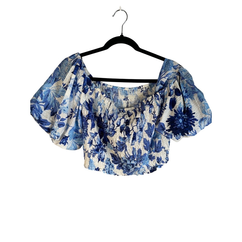 H&M Blue White Floral Puff Sleeve Smocked Crop Top Size Large New with tags!